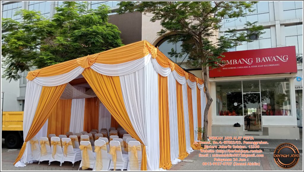 Sewa Tenda Konvensional Dekorasi Kain Serut Gold Putih Area Jakarta Selatan