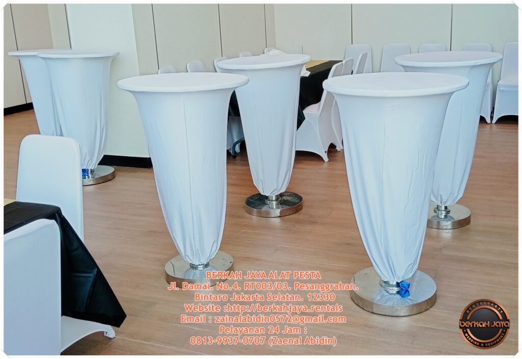 Jasa Sewa Meja Bar Kaki Stainless Cover Putih Area Jakarta Selatan