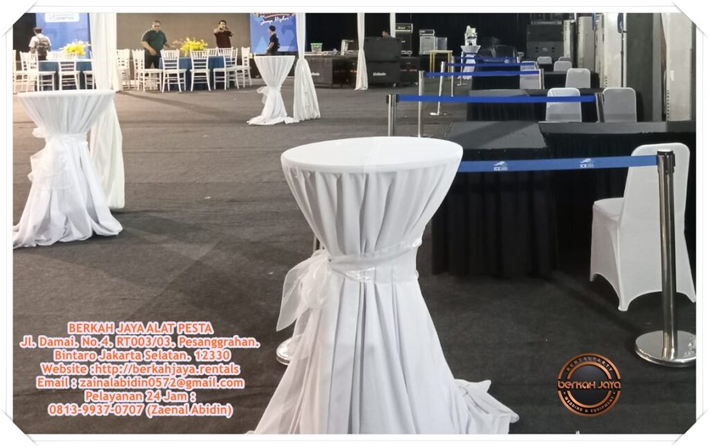 Jasa Sewa Meja Bar Kaki Stainless Cover Putih Area Jakarta Selatan