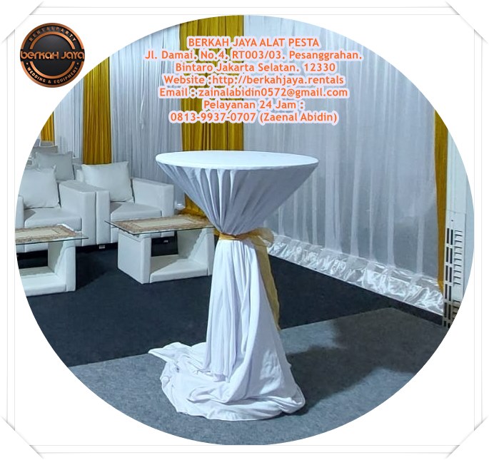 Jasa Sewa Meja Bar Kaki Stainless Cover Putih Area Jakarta Selatan