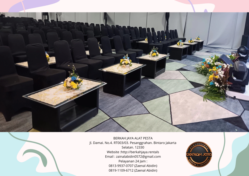 Rental Meja Kaca VIP Kotak Set Kursi Futura Cover Hitam Di Jakarta