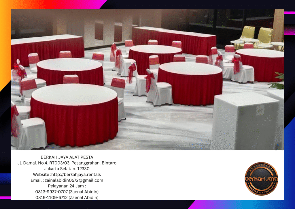 Sewa Meja Bundar Dan Meja Kotak Cover Merah Putih Di Jakarta Selatan