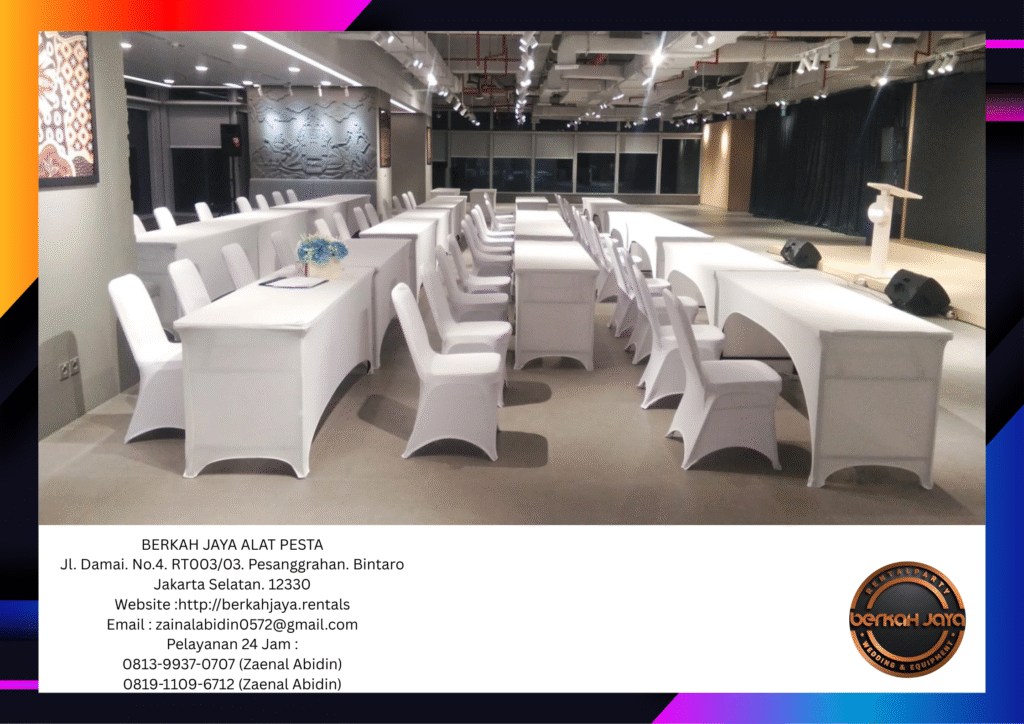 Tempat Sewa Set Meja IBM Dan Kursi Cover Ketat Putih Di Jakarta