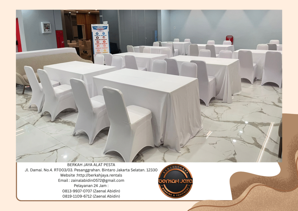 Rental Meja Kotak Dan Kursi Susun Cover Putih Di Jakarta