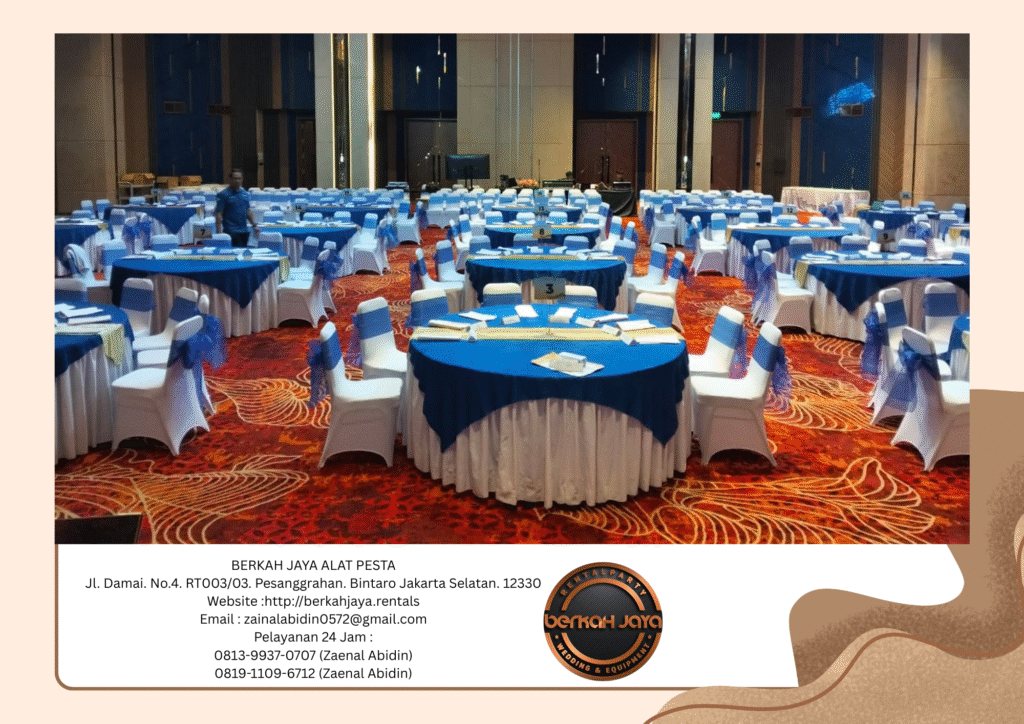 Sewa Meja Bulat Set Kursi Cover Biru Putih Area Jakarta Selatan