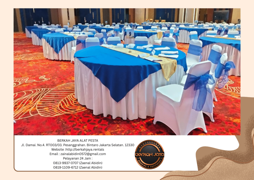 Sewa Meja Bulat Set Kursi Cover Biru Putih Area Jakarta Selatan