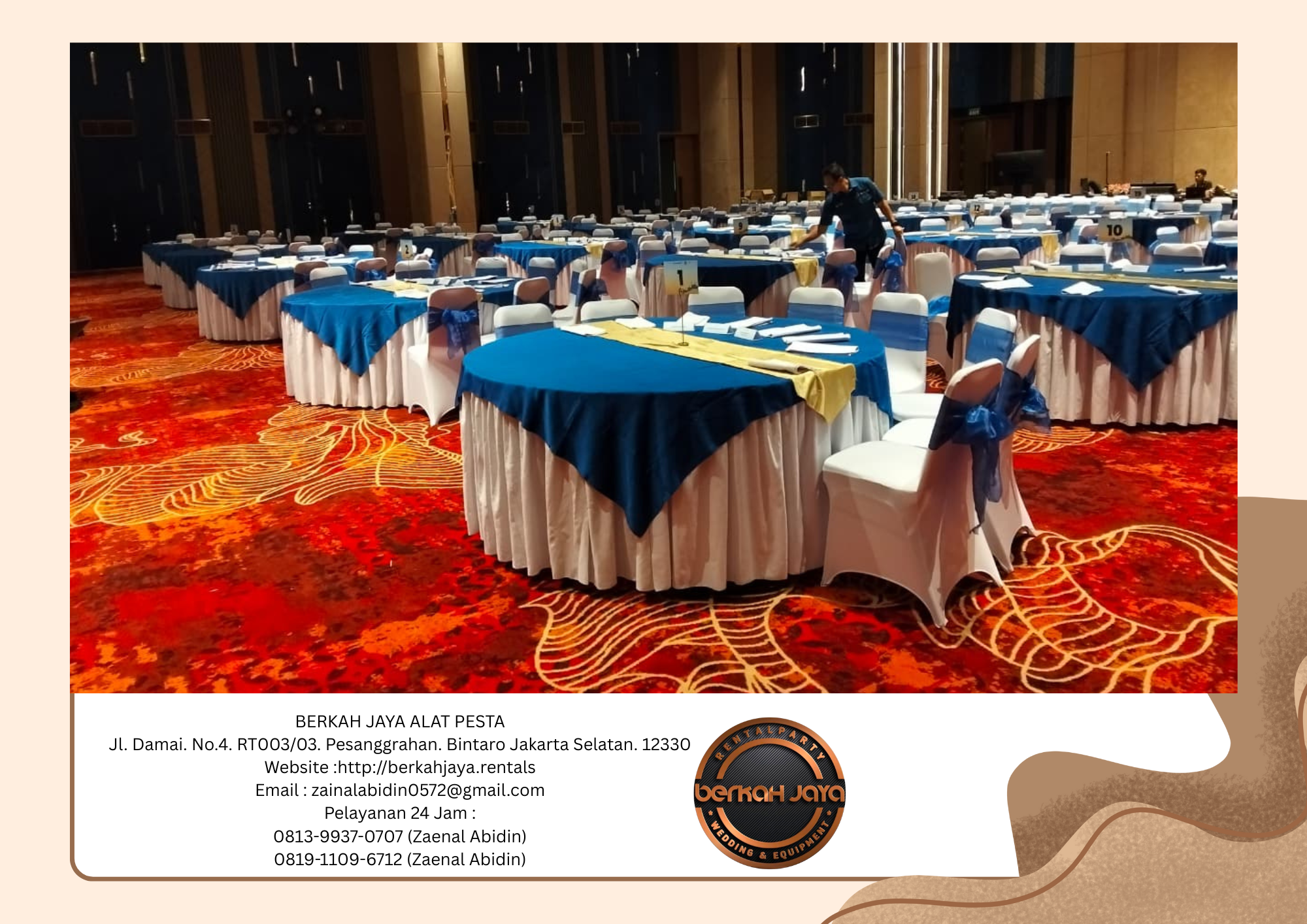 Sewa Meja Bulat Set Kursi Cover Biru Putih Area Jakarta Selatan