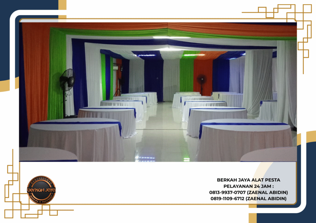 Rental Meja Bulat Cover Tebar Putih Runner Biru Jakarta Selatan