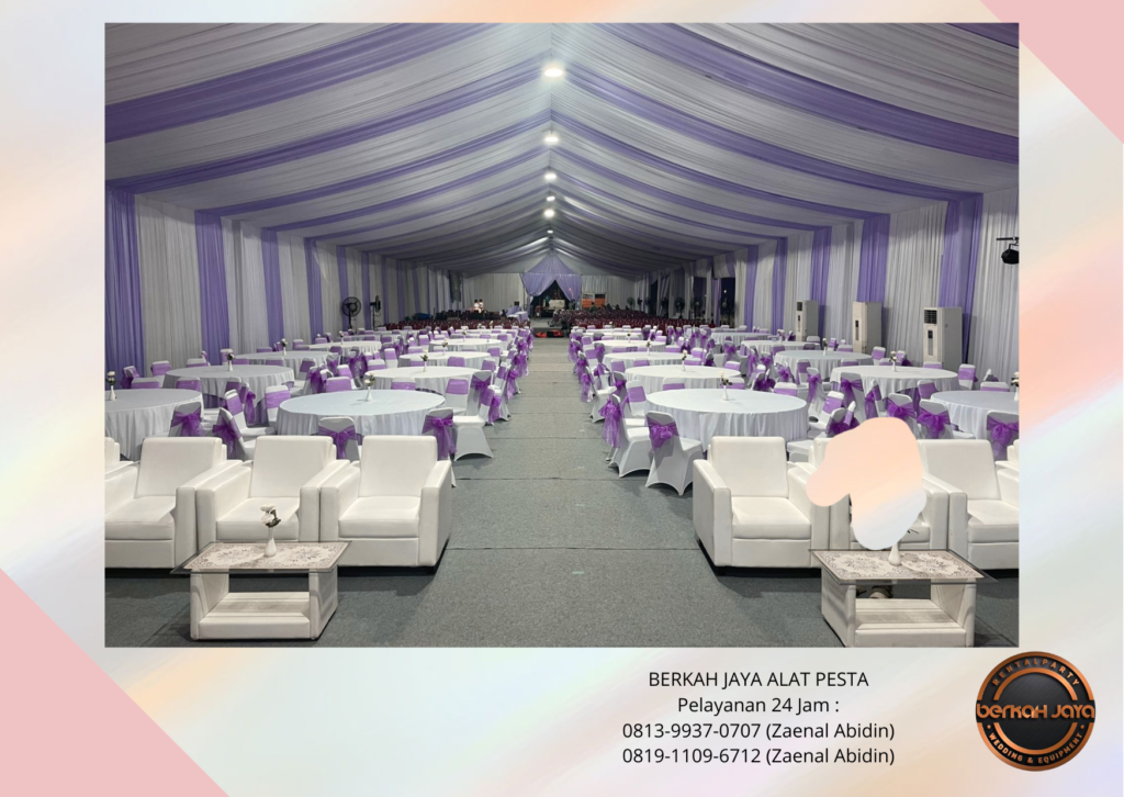 Sewa Tenda Serut Ungu Putih Sofa Meja Vip Kaca Area Bekasi