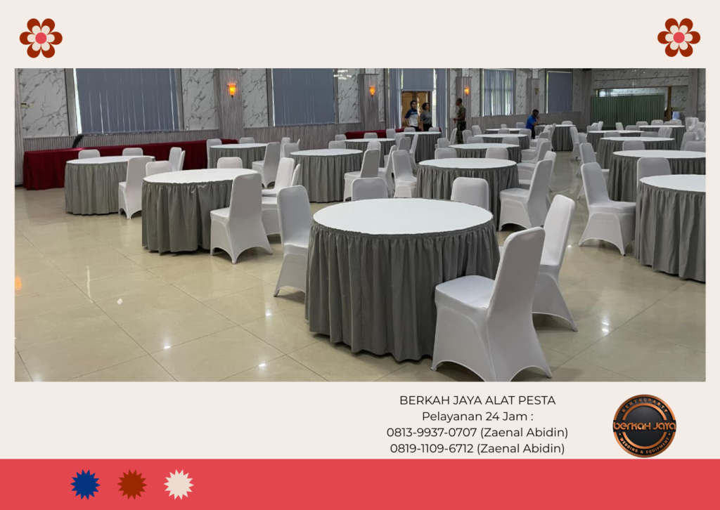 Sewa Round Table Cover Skirting Abu-abu Taplak Putih Jakarta Selatan