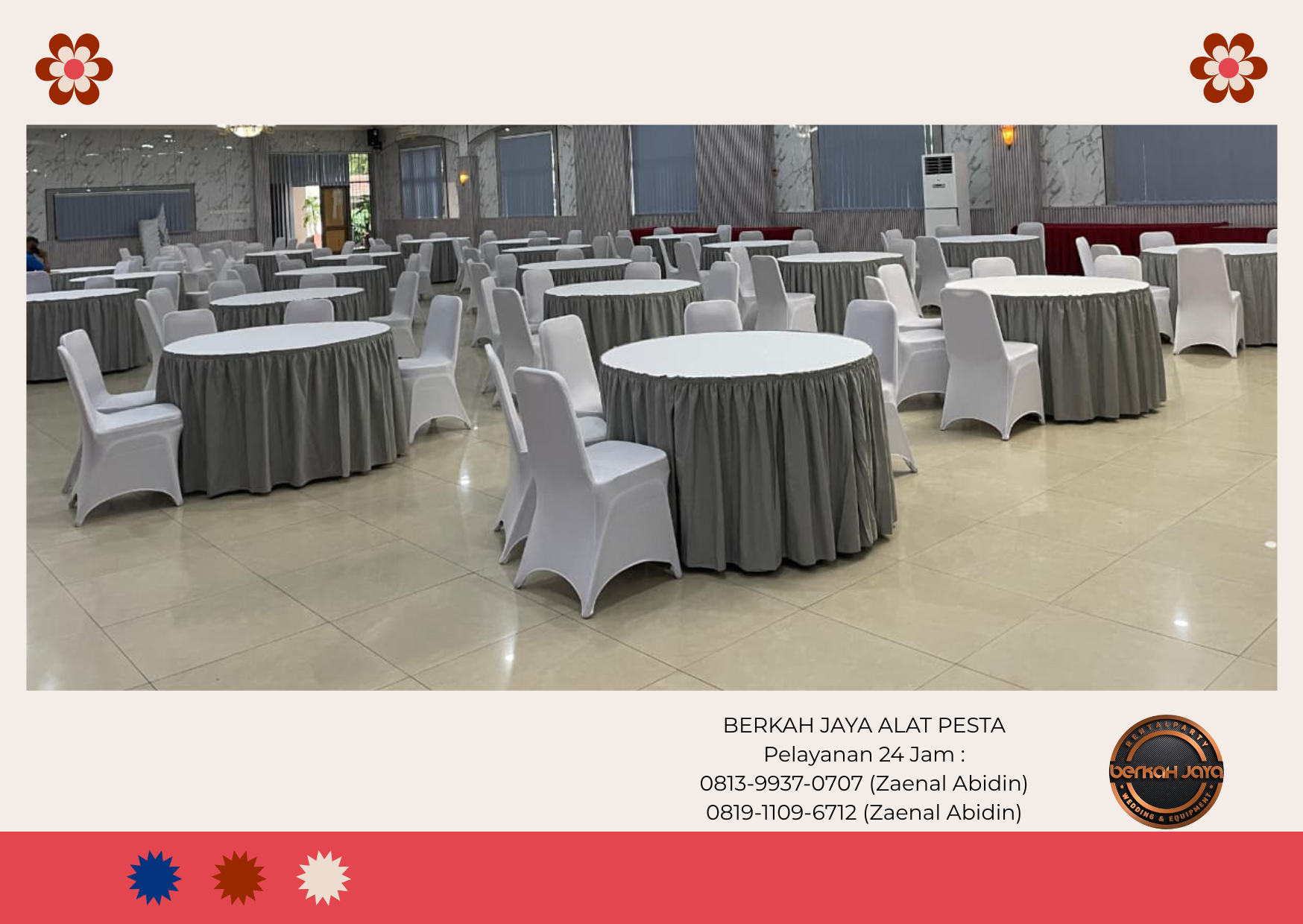 Sewa Round Table Cover Skirting Abu-abu Taplak Putih Jakarta Selatan