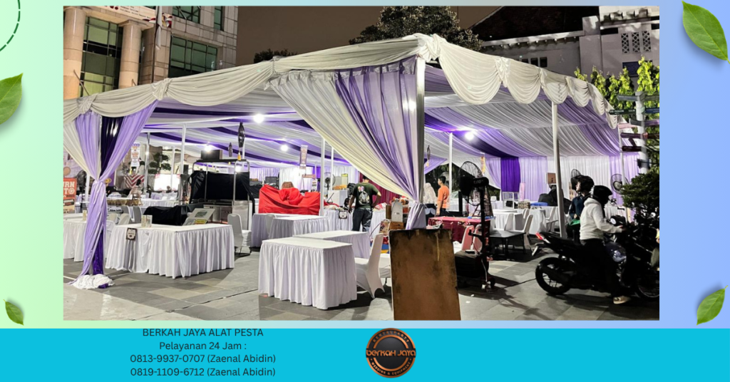 Sewa TENDA SERUT DEKORASI KAIN PUTIH UNGU Jakarta